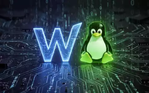 Stilisiertes Windows-Logo, das sanft mit Linux-Pinguin-Logo verschmilzt, auf dunkler, futuristischer Platine mit fließendem Binärcode. - Foto: über boerse-global.de