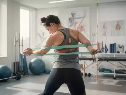 Eine Person führt eine sanfte Dehnübung mit einem Widerstandsband in einem modernen Physiotherapie-Studio aus. - Foto: über boerse-global.de