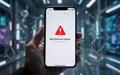 Eine Hand hält ein Smartphone mit Beta-Software-Update-Warnung, unscharfer Tech-Hintergrund. - Foto: über boerse-global.de