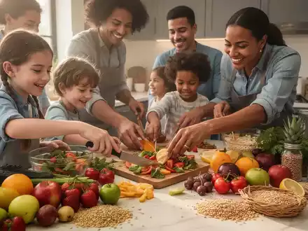 Eine Familie, einschließlich Kindern, bereitet in einer modernen Küche eine gesunde Mahlzeit mit frischen Lebensmitteln zu. - Foto: über boerse-global.de