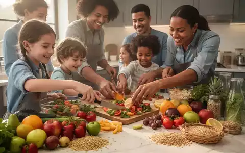 Eine Familie, einschließlich Kindern, bereitet in einer modernen Küche eine gesunde Mahlzeit mit frischen Lebensmitteln zu. - Foto: über boerse-global.de