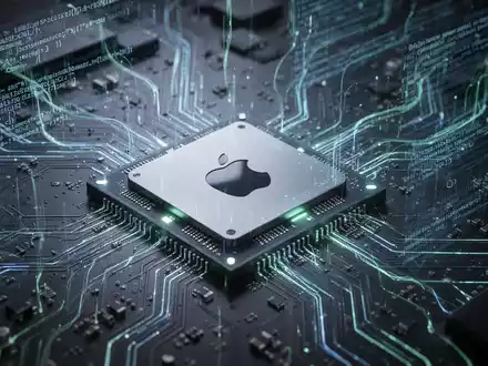 Nahaufnahme eines Apple Silicon M-Serie-Chips auf einer Platine, umgeben von abstrakten digitalen Datenströmen und Codezeilen. - Foto: über boerse-global.de