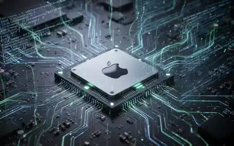 Nahaufnahme eines Apple Silicon M-Serie-Chips auf einer Platine, umgeben von abstrakten digitalen Datenströmen und Codezeilen. - Foto: über boerse-global.de