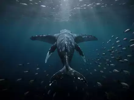 Eine Wal-Silhouette schwimmt von fliehenden Fischen weg in dunkler Tiefsee. Symbolisiert Bitcoin-Käufe von Walen und Fondsflucht. - Foto: über boerse-global.de