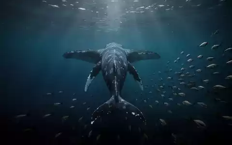 Eine Wal-Silhouette schwimmt von fliehenden Fischen weg in dunkler Tiefsee. Symbolisiert Bitcoin-Käufe von Walen und Fondsflucht. - Foto: über boerse-global.de
