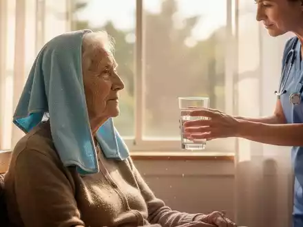 Ein älterer Mensch mit einem Kühltuch auf dem Kopf sitzt in einem sonnigen Raum, während eine Pflegekraft Wasser anbietet. - Foto: über boerse-global.de