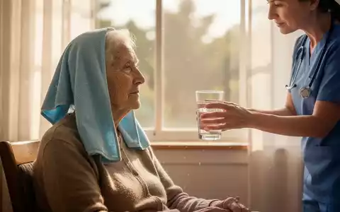 Ein älterer Mensch mit einem Kühltuch auf dem Kopf sitzt in einem sonnigen Raum, während eine Pflegekraft Wasser anbietet. - Foto: über boerse-global.de