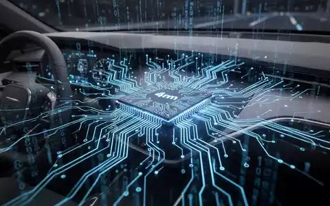 Nahaufnahme eines futuristischen 4nm-Autonomie-Chips mit leuchtend blauen Schaltkreisen, integriert in ein Fahrzeugarmaturenbrett. - Foto: über boerse-global.de