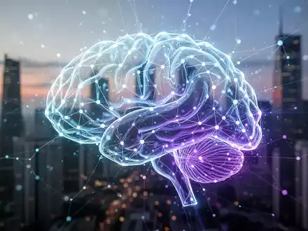 Leuchtendes, abstraktes neuronales Netzwerk in Blau und Lila, über eine verschwommene Stadtsilhouette in der Dämmerung gelegt. - Foto: über boerse-global.de