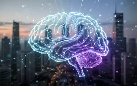 Leuchtendes, abstraktes neuronales Netzwerk in Blau und Lila, über eine verschwommene Stadtsilhouette in der Dämmerung gelegt. - Foto: über boerse-global.de