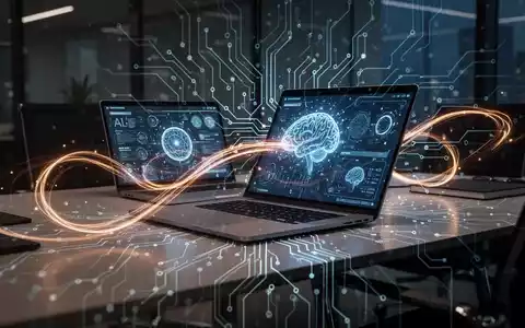 Stilisierte neuronale Netzstruktur über modernem Schreibtisch mit Laptop, Symbol für KI-Innovation und professionelle Werkzeuge. - Foto: über boerse-global.de