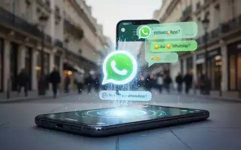 Ein stilisiertes, leuchtendes KI-Chatbot-Symbol, das aus einem Smartphone-Bildschirm in einer WhatsApp-Sprechblase erscheint, mit einem verschwommenen europäischen Stadtbild im Hintergrund. - Foto: über boerse-global.de