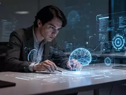 Eine Person vertieft in konzentrierte Arbeit an einem modernen Schreibtisch, umgeben von angedeuteten digitalen KI-Elementen. - Foto: über boerse-global.de