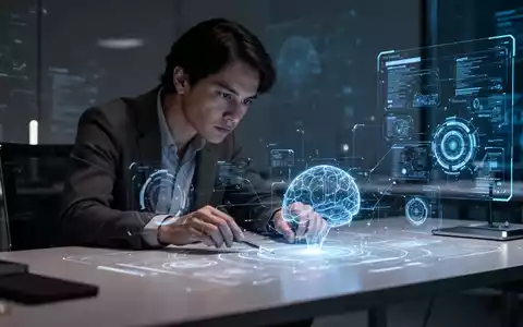 Eine Person vertieft in konzentrierte Arbeit an einem modernen Schreibtisch, umgeben von angedeuteten digitalen KI-Elementen. - Foto: über boerse-global.de