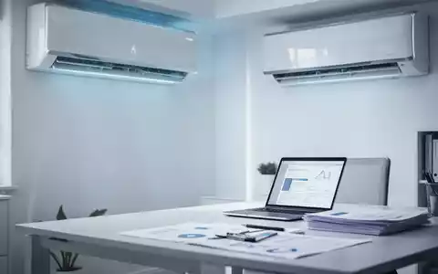 Ein modernes Klimagerät in einem aufgeräumten Homeoffice mit Laptop und Dokumenten auf dem Schreibtisch, beleuchtet von kühlem Licht. - Foto: über boerse-global.de