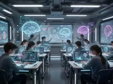Schüler in einem modernen Klassenzimmer interagieren mit leuchtenden digitalen Displays und holografischen Projektionen, die fortschrittliche digitale Bildung symbolisieren. - Foto: über boerse-global.de
