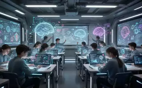 Schüler in einem modernen Klassenzimmer interagieren mit leuchtenden digitalen Displays und holografischen Projektionen, die fortschrittliche digitale Bildung symbolisieren. - Foto: über boerse-global.de