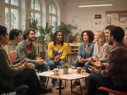 Eine vielfältige Gruppe von LGBTQI+-Personen in Leipzig, die sich in einem unterstützenden Kreis austauscht und zuhört. - Foto: über boerse-global.de