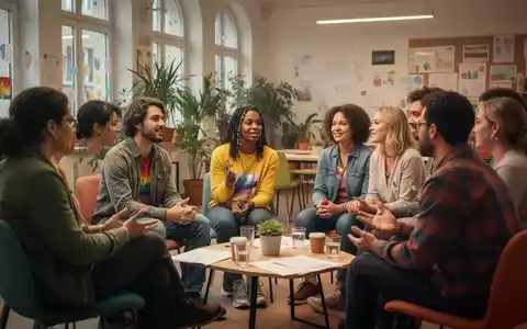 Eine vielfĂ€ltige Gruppe von LGBTQI+-Personen in Leipzig, die sich in einem unterstĂŒtzenden Kreis austauscht und zuhört. - Foto: ĂŒber boerse-global.de