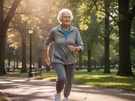 Eine ältere Person geht energisch in einem Park, umgeben von Bäumen und Sonnenlicht, symbolisierend Bewegung und Vitalität im Alter. - Foto: über boerse-global.de