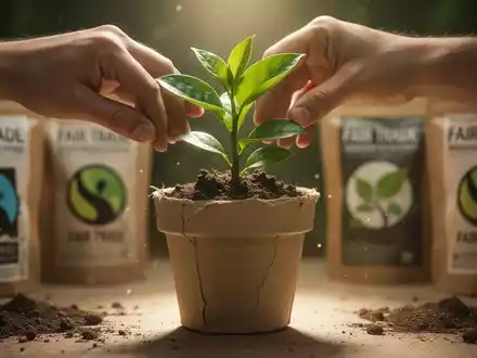 Eine Hand pflanzt eine kleine grüne Pflanze in einen recycelten Topf, umgeben von Fair-Trade-Etiketten und einem sanften Licht. - Foto: über boerse-global.de