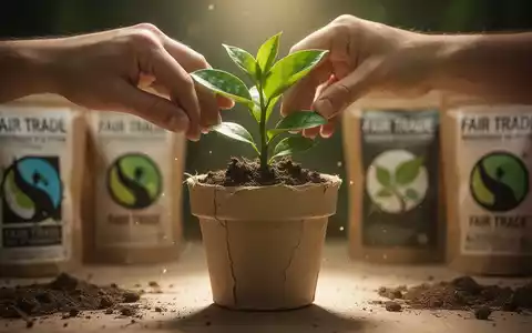 Eine Hand pflanzt eine kleine grüne Pflanze in einen recycelten Topf, umgeben von Fair-Trade-Etiketten und einem sanften Licht. - Foto: über boerse-global.de