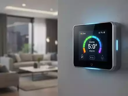 Ein modernes digitales Thermostat an einer Wand, das Energieverbrauch oder Temperatur anzeigt, im Hintergrund ein zeitgenössischer Wohnraum. - Foto: über boerse-global.de