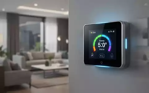 Ein modernes digitales Thermostat an einer Wand, das Energieverbrauch oder Temperatur anzeigt, im Hintergrund ein zeitgenössischer Wohnraum. - Foto: über boerse-global.de