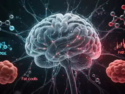 Ein stilisiertes menschliches Gehirn mit leuchtenden Neuronennetzen neben abstrakten Darstellungen von Stoffwechselindikatoren. - Foto: über boerse-global.de