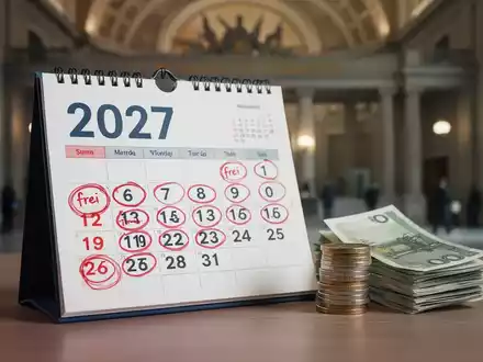 Ein Kalenderblatt für 2027 mit markierten freien Tagen und daneben ein kleiner Stapel Münzen, der 'Zeit statt Geld' symbolisiert. - Foto: über boerse-global.de