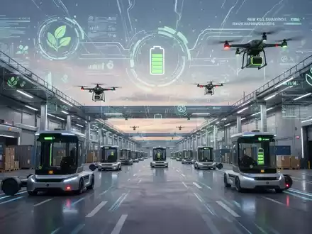 Ein futuristisches Logistikzentrum mit autonomen Fahrzeugen und Drohnen, die Pakete liefern, symbolisiert neue EU-Regulierungen und Klimaziele. - Foto: über boerse-global.de