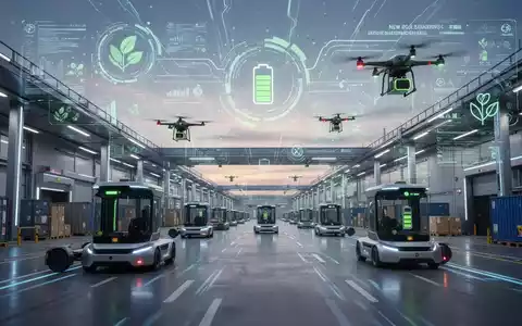 Ein futuristisches Logistikzentrum mit autonomen Fahrzeugen und Drohnen, die Pakete liefern, symbolisiert neue EU-Regulierungen und Klimaziele. - Foto: über boerse-global.de