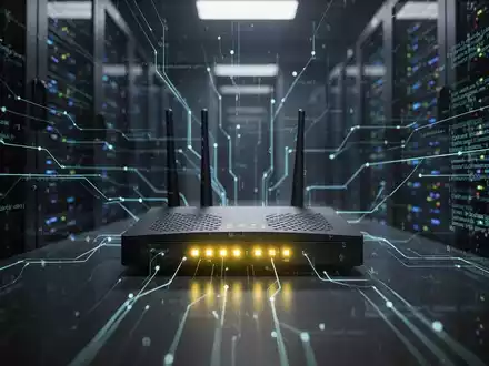 Ein Router mit leuchtenden Lichtern in einem dunklen Serverraum, überlagert von digitalen Linien und Code, die Cyberangriffe symbolisieren. - Foto: über boerse-global.de