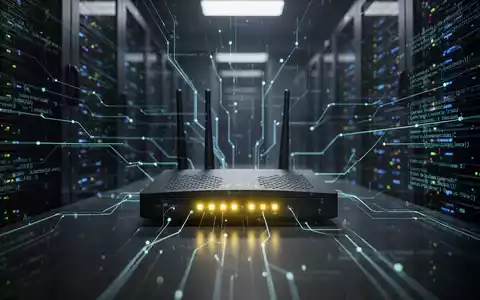 Ein Router mit leuchtenden Lichtern in einem dunklen Serverraum, überlagert von digitalen Linien und Code, die Cyberangriffe symbolisieren. - Foto: über boerse-global.de