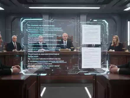 Ein futuristischer Gerichtssaal mit verschwommenen Figuren und einer leuchtenden holografischen Anzeige, die KI-Texte und Rechtsdokumente zeigt. - Foto: über boerse-global.de