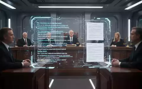 Ein futuristischer Gerichtssaal mit verschwommenen Figuren und einer leuchtenden holografischen Anzeige, die KI-Texte und Rechtsdokumente zeigt. - Foto: über boerse-global.de