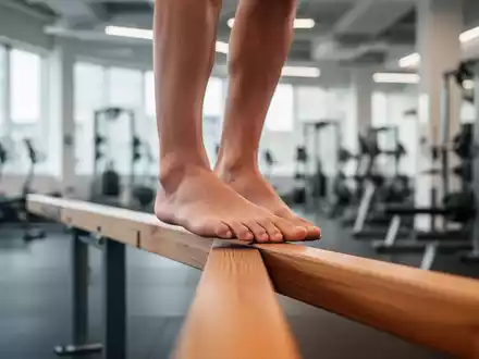 Nahaufnahme von Füßen, die auf einem Holzbalken balancieren, im Hintergrund ein Fitnessstudio. - Foto: über boerse-global.de