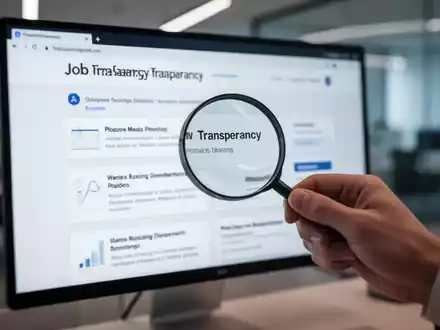 Eine Hand hält eine Lupe über einen unscharfen Computerbildschirm mit Stellenanzeigen, Symbol für Gehaltstransparenz. - Foto: über boerse-global.de