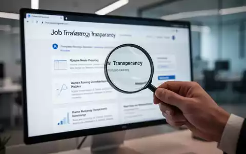 Eine Hand hält eine Lupe über einen unscharfen Computerbildschirm mit Stellenanzeigen, Symbol für Gehaltstransparenz. - Foto: über boerse-global.de