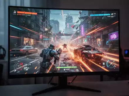 Nahaufnahme eines Gaming-Monitors mit einem bunten Videospiel, Spiegelungen eines dunklen Raums sichtbar. - Foto: über boerse-global.de