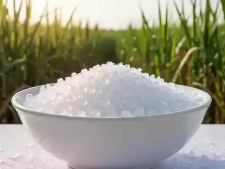 Ein makelloser weißer Behälter gefüllt mit glitzerndem Erythritol-Granulat, im Hintergrund ein unscharfes Zuckerrohrfeld. - Foto: über boerse-global.de