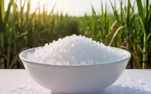 Ein makelloser weißer Behälter gefüllt mit glitzerndem Erythritol-Granulat, im Hintergrund ein unscharfes Zuckerrohrfeld. - Foto: über boerse-global.de