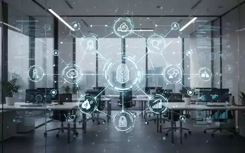 Holografische Schnittstelle mit Datenknoten und Workflow-Symbolen in einem modernen Büro, die KI-Aufgabenautomatisierung darstellt. - Foto: über boerse-global.de