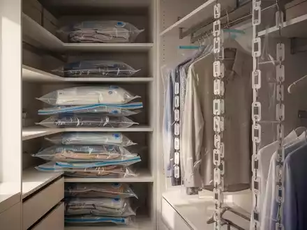 Ein perfekt organisierter, minimalistischer Kleiderschrank mit gestapelten Vakuumbeuteln und vertikal verbundenen Kleiderbügeln. - Foto: über boerse-global.de