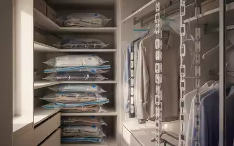 Ein perfekt organisierter, minimalistischer Kleiderschrank mit gestapelten Vakuumbeuteln und vertikal verbundenen Kleiderbügeln. - Foto: über boerse-global.de