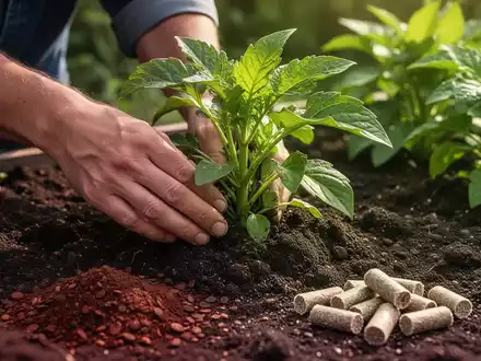 Nahaufnahme von Händen, die eine junge Pflanze in dunkler Erde pflegen, mit Kaffeesatz und Wollpellets im Vordergrund. - Foto: über boerse-global.de