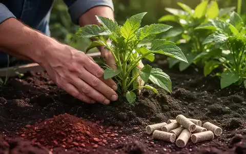 Nahaufnahme von Händen, die eine junge Pflanze in dunkler Erde pflegen, mit Kaffeesatz und Wollpellets im Vordergrund. - Foto: über boerse-global.de