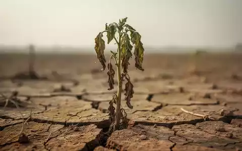 Eine einzelne, welkende Pflanze in trockener, rissiger Erde, symbolisiert Dürre und Wassermangel. - Foto: über boerse-global.de
