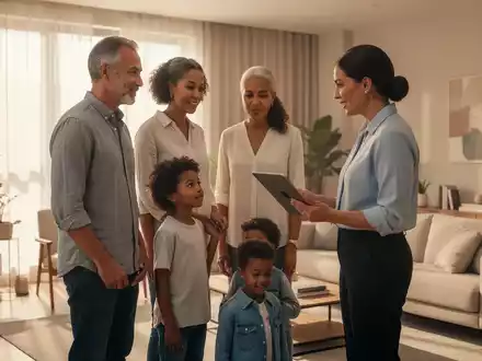 Eine Familie spricht mit einem Finanzberater in einem modernen Wohnzimmer über Vorsorge und Nachlassplanung. - Foto: über boerse-global.de