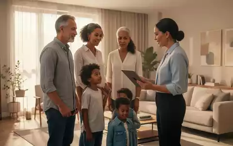 Eine Familie spricht mit einem Finanzberater in einem modernen Wohnzimmer über Vorsorge und Nachlassplanung. - Foto: über boerse-global.de